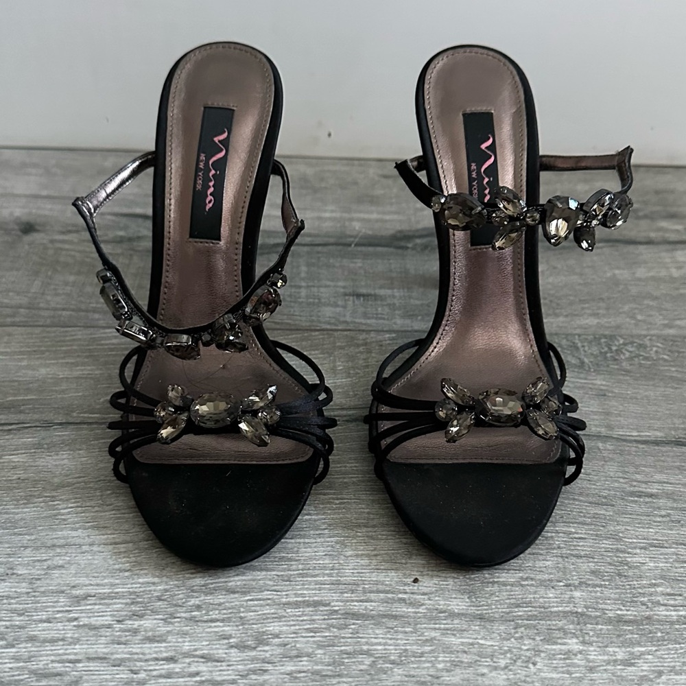 Nina Black Jeweled Strappy Heels